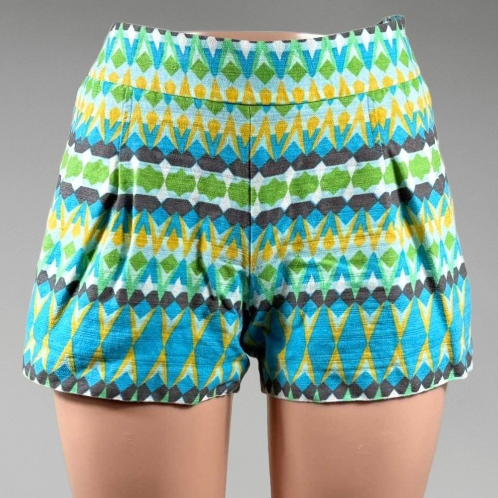 J.Crew Women Blue Green Geometric Diamond Print Pleated High Rise Shorts Size 6